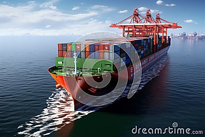 Industrial crane loads cargo containers onto a bustling freight ship Stock Photo