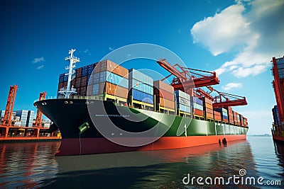 Industrial crane loads containers onto a cargo freight ship, illustrating import export logistics Stock Photo