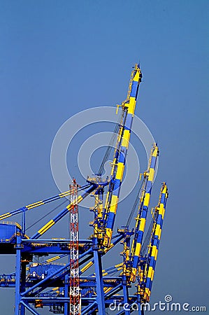 Industrial cranes in the sea port of Kochi Stock Photo