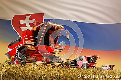 Industrial 3D illustration of agricultural combine harvester working on rural field with Slovakia flag background, food production Cartoon Illustration