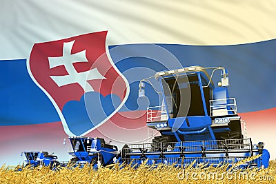 Industrial 3D illustration of blue rye agricultural combine harvester on field with Slovakia flag background, food industry Cartoon Illustration