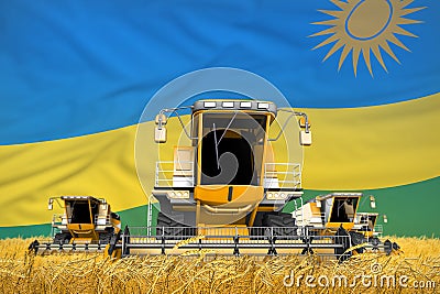 Four orange combine harvesters on grain field with flag background, Rwanda agriculture concept - industrial 3D illustration Cartoon Illustration