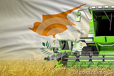 Industrial 3D illustration of 3 green modern combine harvesters with Cyprus flag on wheat field - close view, farming concept Cartoon Illustration