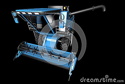 Industrial 3D illustration of huge modern blue grain harvester with harvest pipe detached front top view isolated on black Cartoon Illustration