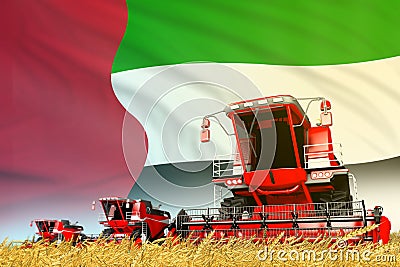 industrial 3D illustration of red rye agricultural combine harvester on field with United Arab Emirates flag background, food Cartoon Illustration