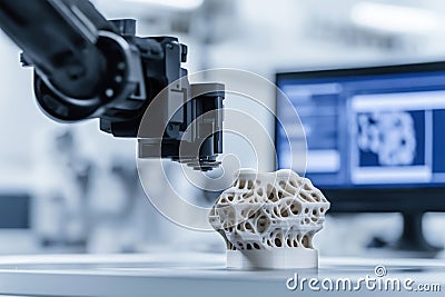 Industrial 3D scanner meticulously scans mechanical part. Advanced tech ensures precise data capture for quality control. Process Stock Photo