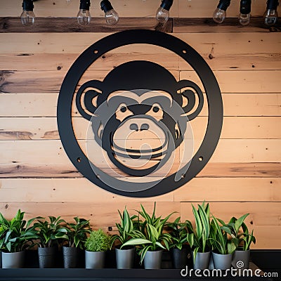 Industrial Design Monkey Logo On Wall With Potted Plants Stock Photo