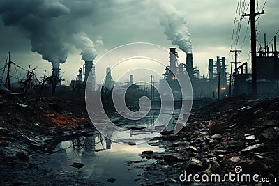 Industrial dystopia with towering smokestacks emitting pollution into bleak, overcast sky Stock Photo