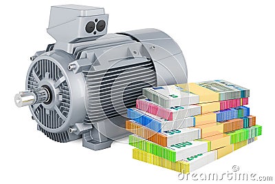 Industrial electric motor with money, euro packs. 3D rendering Stock Photo