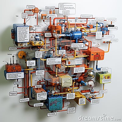 Industrial electrical system featuring multiple pipes and valves attached to a wall, AI-generated. Stock Photo