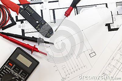 Electrician tools , instruments and project design Stock Photo