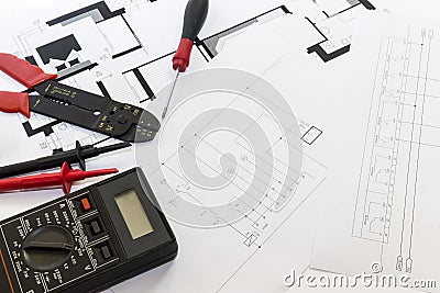 Electrician tools , instruments and project design Stock Photo