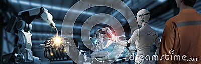 Industrial 4.0; Engineer monitor the production process working by robot using augmented mixed with virtual reality technology to Stock Photo