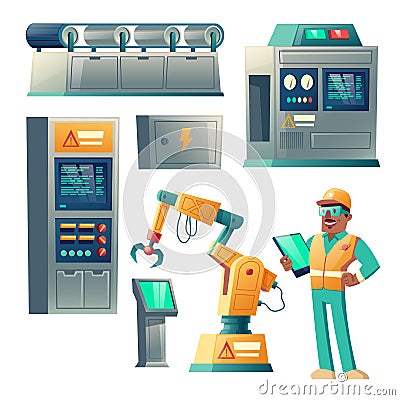 Industrial equipment and factory worker vector Vector Illustration