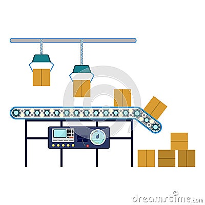 Industrial equipment for packaging boxes, machinery line assembly conveyor Vector Illustration