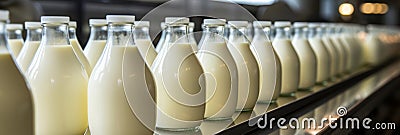 Industrial equipment used for filling milk and yogurt into plastic bottles at a dairy plant Stock Photo