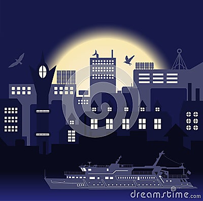 Industrial European vintage styled city, travel boat and seagulls on bright blue sunset background Vector Illustration