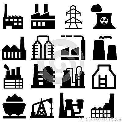 Industrial factories icons set. Factory icon illustration. Industry power, chemical manufacturing building warehouse nucle Vector Illustration