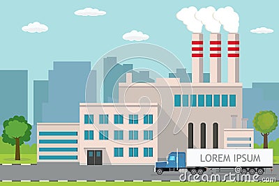 Industrial factory,city view on background,Delivery long truck on road Vector Illustration