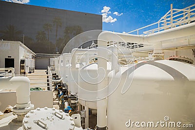 Industrial filtration system view behind pane of glass Stock Photo
