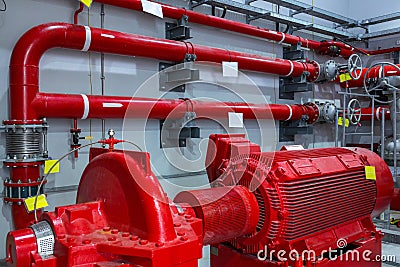 Industrial fire pump station. Reliable and trouble-free equipment. Automatic fire extinguishing system control system. Powerful Stock Photo