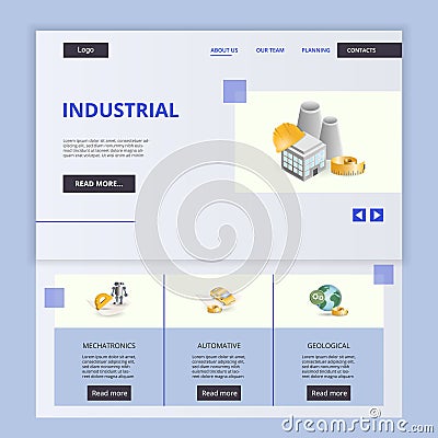 Industrial flat landing page website template. Mechatronics, automative, geological. Web banner with header, content and Vector Illustration