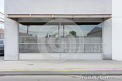 industrial gray steel mesh overlaying a white concrete storefront Stock Photo
