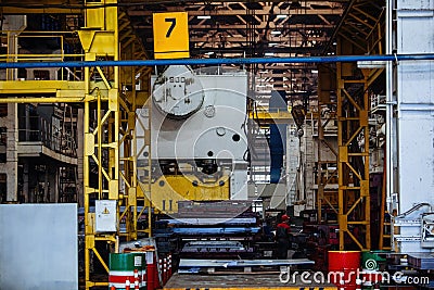 Industrial hydraulic press brake in metalworking factory Stock Photo