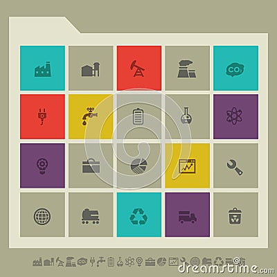 Industrial icon set. Multicolored square flat Vector Illustration