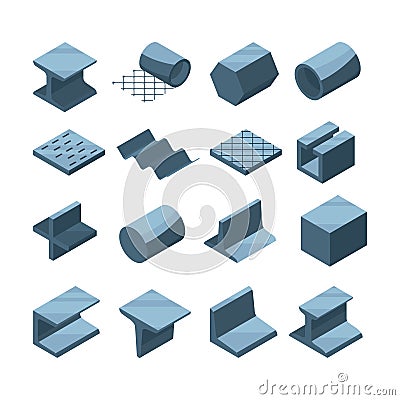 Industrial icons set of metallurgic production. Isometric pictures of steel or iron pipes Vector Illustration