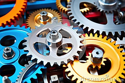 Industrial Innovation, Gears and Cogs Working in Unison Stock Photo