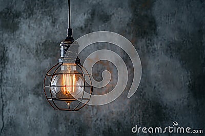 Industrial innovation hanging lightbulb on textured cement backdrop Stock Photo