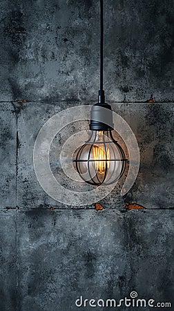 Industrial innovation hanging lightbulb on textured cement backdrop Stock Photo