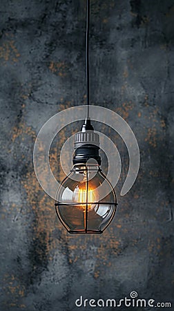 Industrial innovation hanging lightbulb on textured cement backdrop Stock Photo