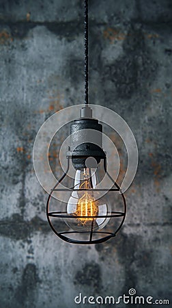 Industrial innovation hanging lightbulb on textured cement backdrop Stock Photo