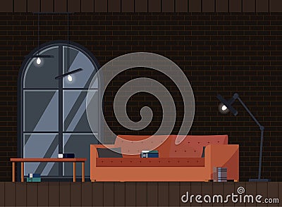 Industrial interior background design modern loft living room Vector Illustration