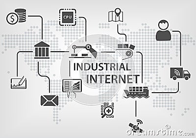 Industrial Internet (IOT) concept with world map and process flow for business automation Vector Illustration