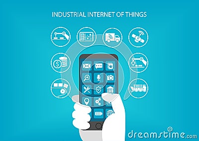 Industrial internet of things concept. Hand holding modern mobile device like smart phone Vector Illustration