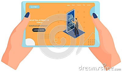 Industrial internet of things website on smartphone in human hands smart industrial technologies Vector Illustration