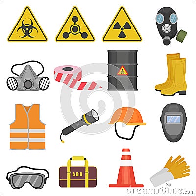 Industrial job work safety equipment flat icons set. Radiation and chemical protection. Vector Illustration