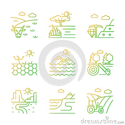 Industrial land gradient linear vector icons set Vector Illustration