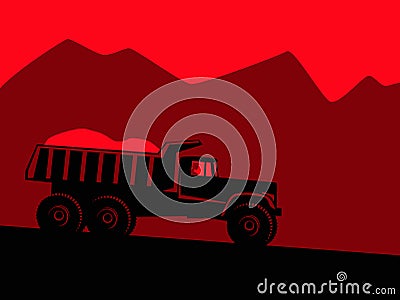 Industrial landscape. Big black dump truck against the background of red mountains and alarming red sky. Vector Illustration