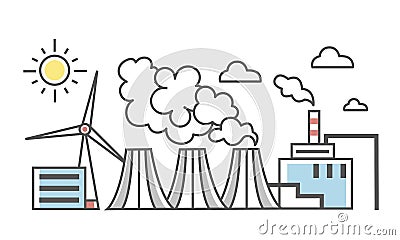 The industrial landscape. Different types of power plants. Power plant and wind power plant. Thin line style vector Vector Illustration