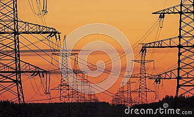 Electric furnace lines with towers on a sunset background Stock Photo