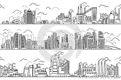 Industrial landscape and hand drawn cityscape. Vector plants buildings line silhouettes Vector Illustration