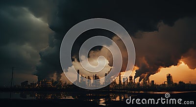 Industrial landscape with heavy smoke from chimneys of power plant. Stock Photo