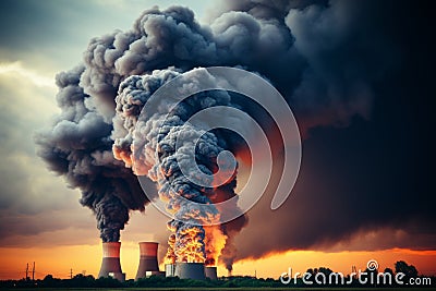 Industrial landscape with smoke polluting air, homes, trees, residents wearing masks for protection Stock Photo