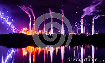 Industrial landscape with smoking chimneys and reflection in water at night Stock Photo