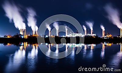 Industrial landscape with smoking chimneys and reflection in water at night Stock Photo