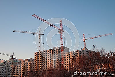 Industrial landscape at sunset. cranes build house Stock Photo